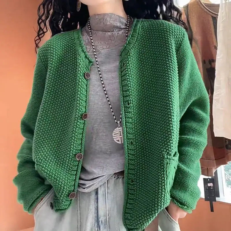 Round Neck Long-sleeved Knitted Cardigan Sweater Jacket for Women Spring New Korean Style Loose and Fashionable Age-reducing Top