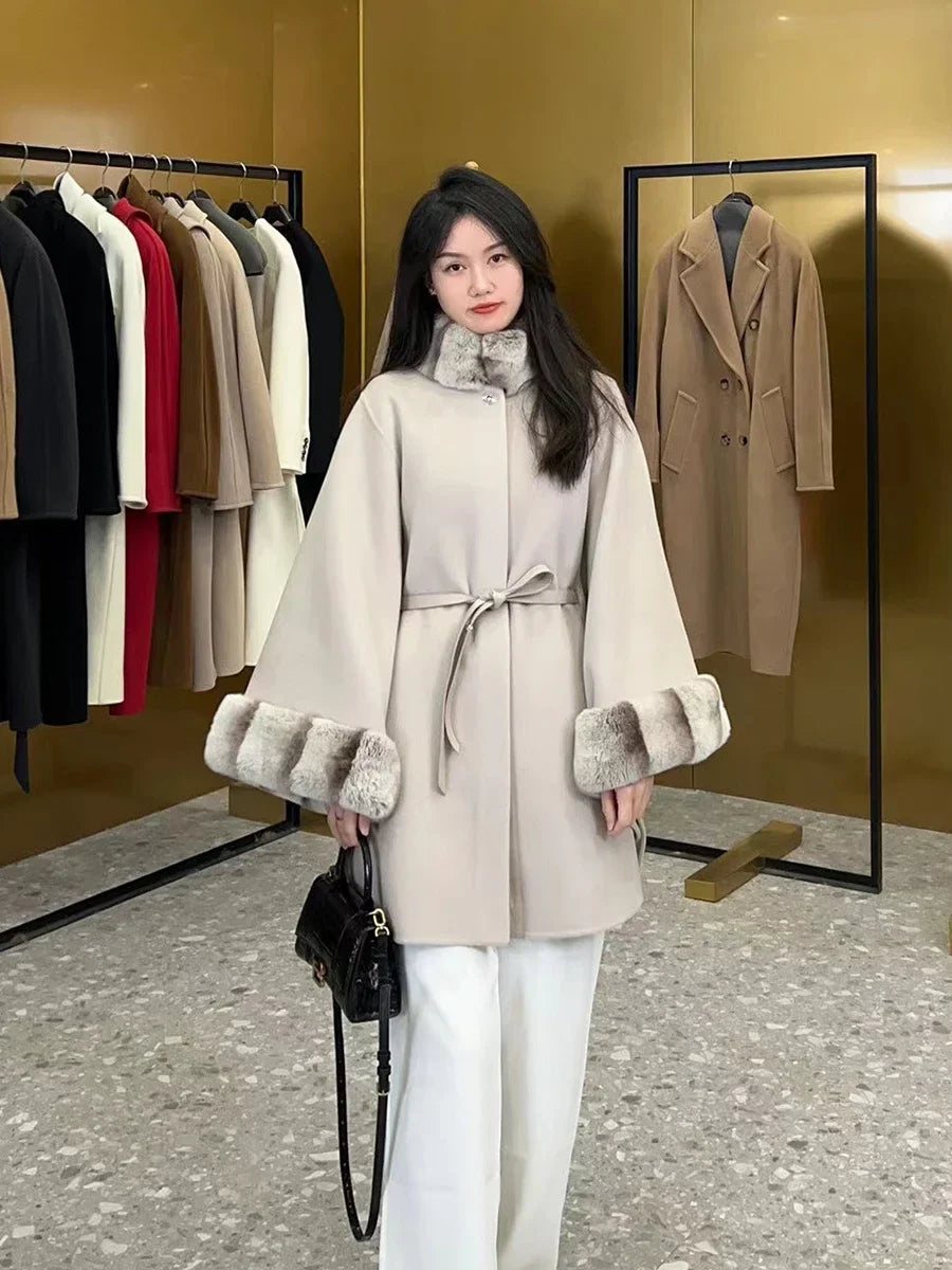 LPSalzburg cape cashmere coat for women, 100% cashmere double-sided woolen fabric paired with otter rabbit fur coat for women
