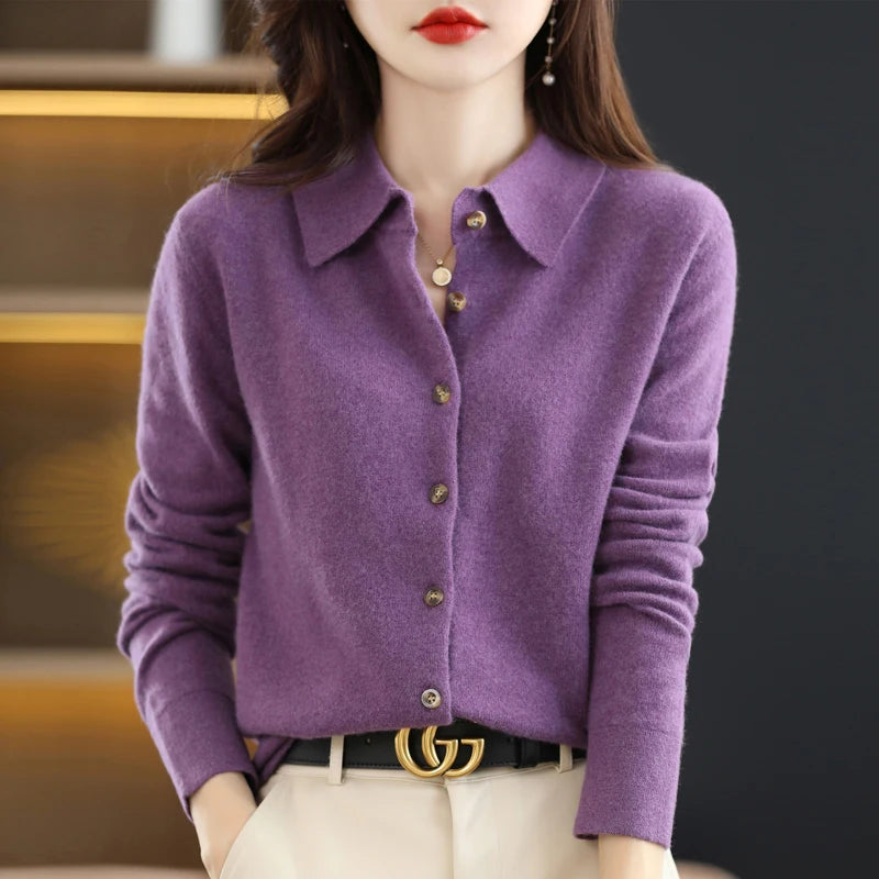 2026 Women's Sweater 100% Merino Wool POLO Collar Cardigan Knitted Warm Coat Autumn Winter Loose Warm Soft Cashmere Sweater DMR