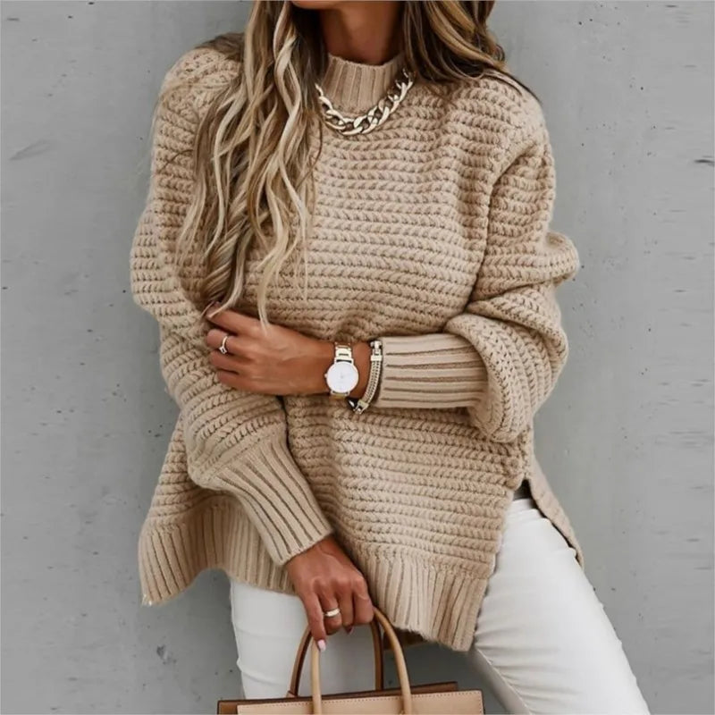 2026 New Loose Split Knitted Long Sleeve Thick Sweater Half High Neck Korean Fashion Pullover Autumn Winter Black Women Clothes