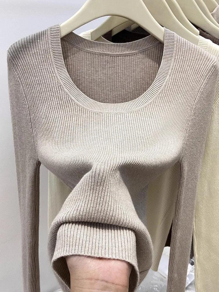 2026 Soft Warm Simple Base Layer Top Women's Autumn Winter New Slim Fit Sweater Solid Color O-neck Knitted Pullovers