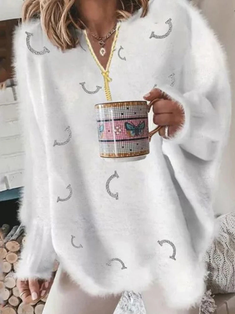 Women's V Neck Long Sleeve Sweater Casual Loose Fit Pullover Sexy Zipper Warm Knit Printed 2026 Fashion Trend for Women
