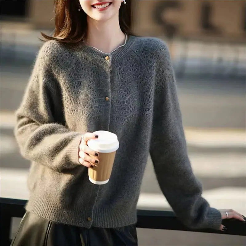 Women's Clothing O-Neck Spring Autumn Solid Color Button Lantern Long Sleeve Sweater Knitted Cardigan Coats Casual Elegant Tops