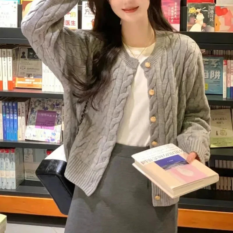 2026 Vintage Long Sleeve Cardigan Women Sweater O-neck Elegant Knitted Top Fashion Autumn Grey Knitwear